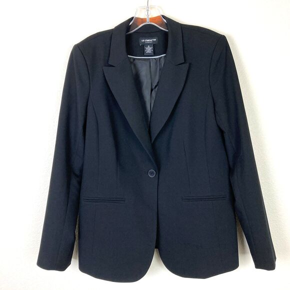 Liz Claiborne One Button Blazer Size 6 Black Stretch Lined Machine Washable Work - Picture 2 of 7